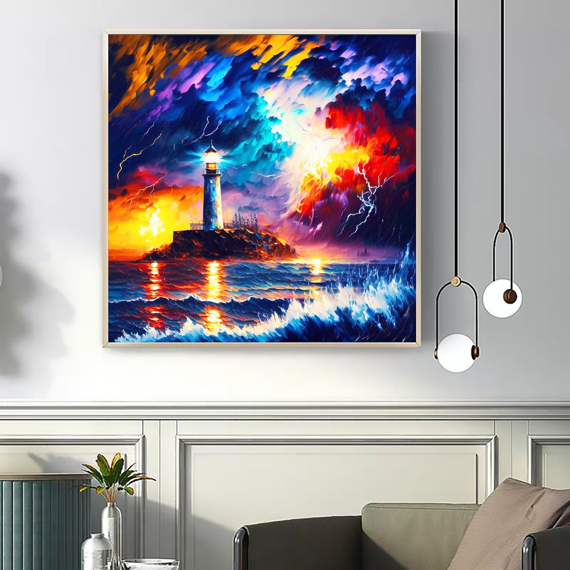 Abstract Lighthouse Oil Painting On Original Colorful Ocean Painting Large Wall Art Hand Painting Custom Painting Home Wall Decor - Image 2