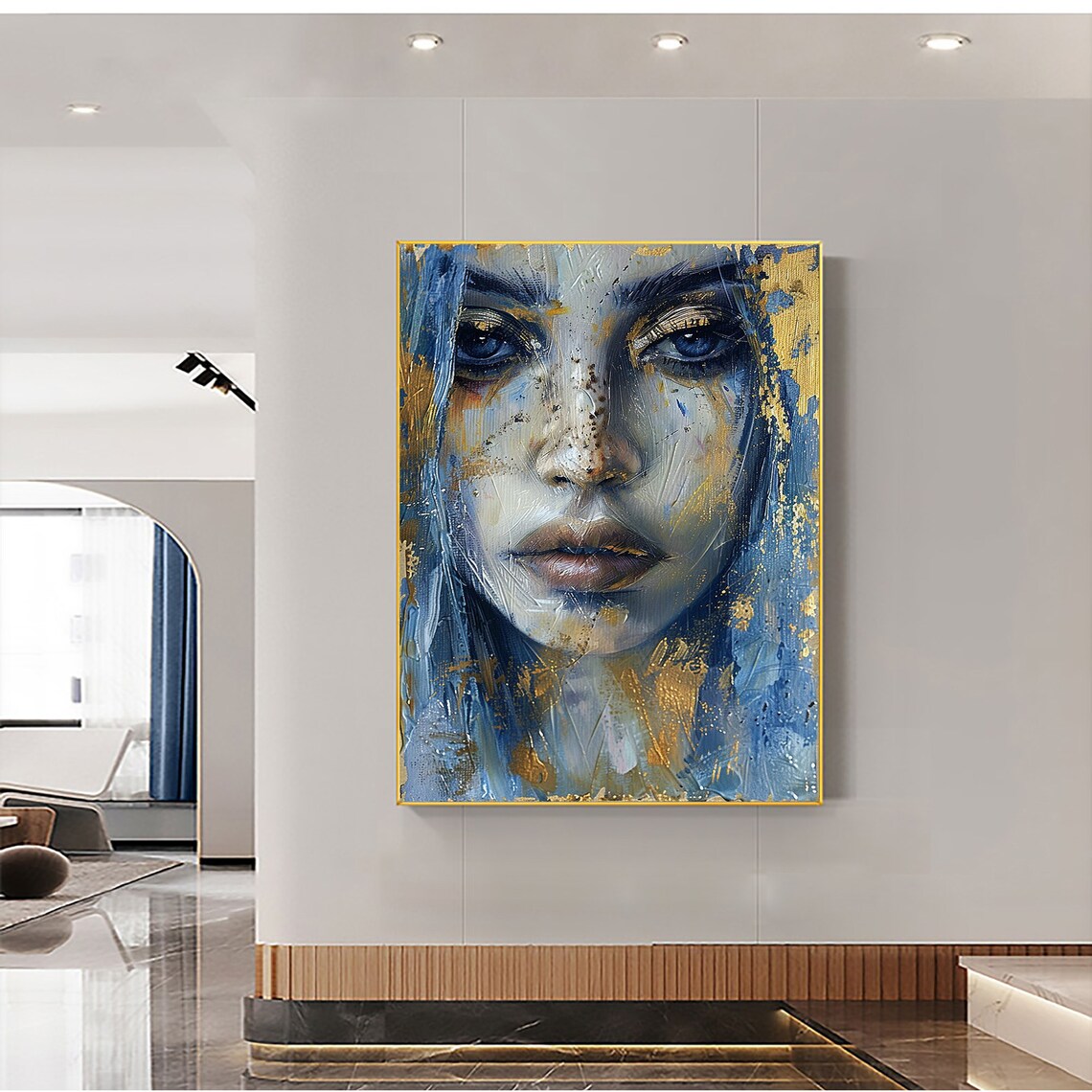 Blue Eyed Woman Face Gold Accents Textured Portrait Art Poster - Image 3