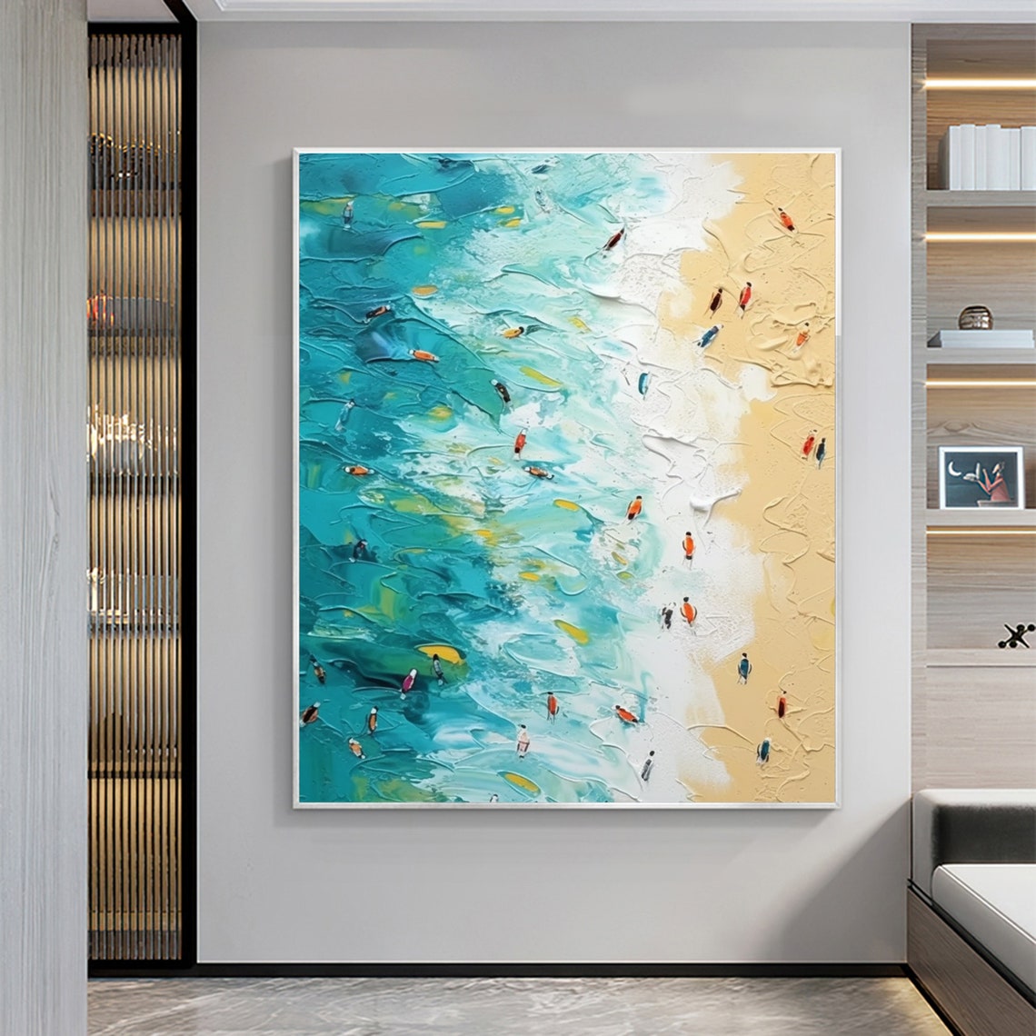 Aerial Turquoise Beach With Colorful Surfers Oil Painting Poster - Image 2