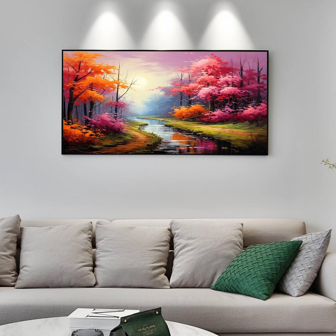 Pink Orange Forest River Glowing Sun Serene Landscape Poster - Image 2