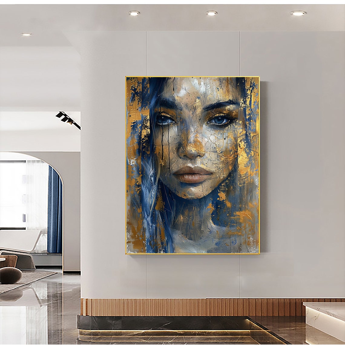 Woman Face Closeup Gold Blue Textured Abstract Portrait Poster - Image 2
