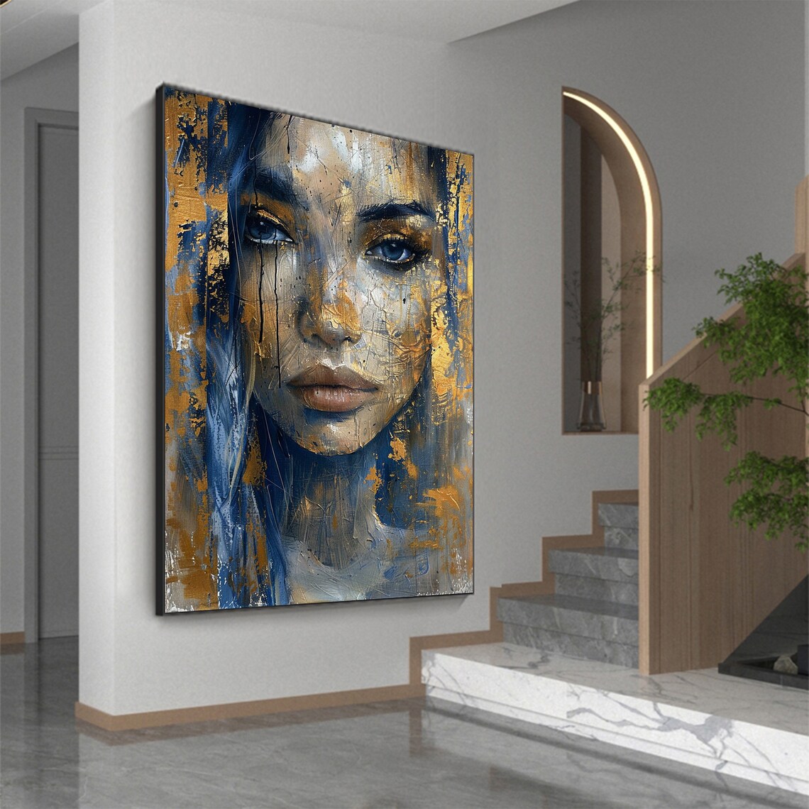 Woman Face Closeup Gold Blue Textured Abstract Portrait Poster - Image 5