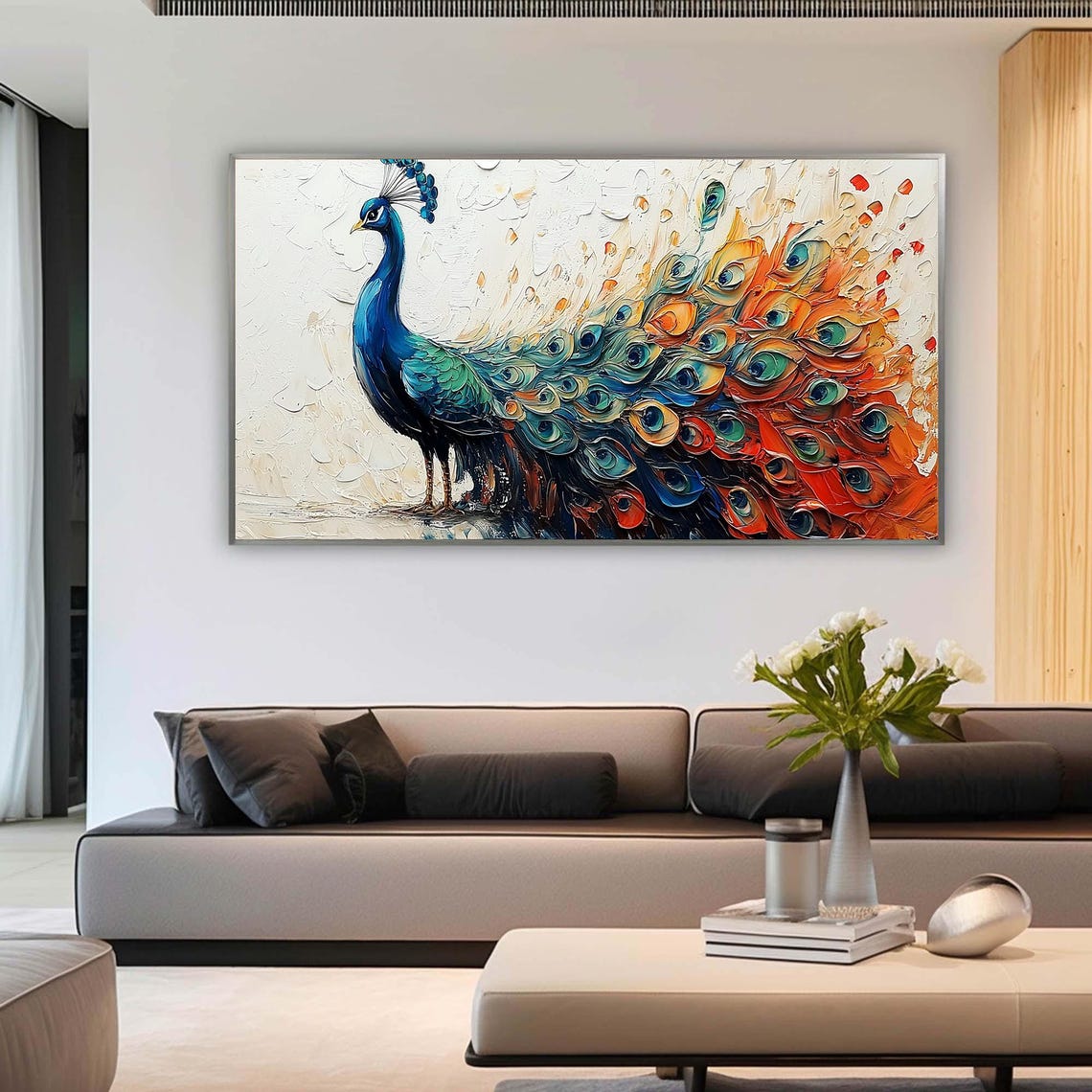 Blue Peacock With Fiery Tail Feathers Textured Oil Painting Poster - Image 7