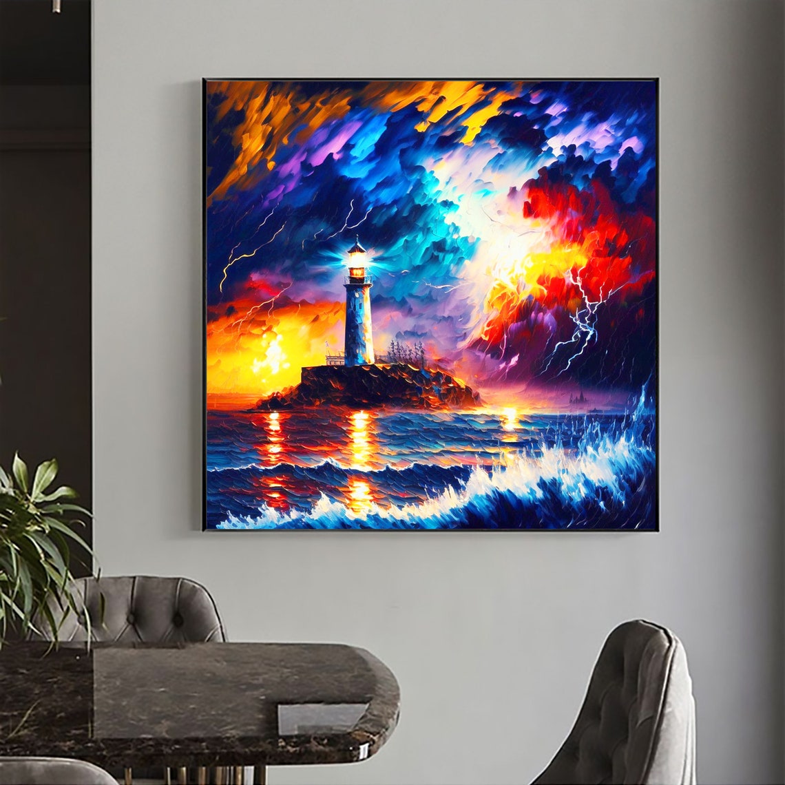 Lighthouse in a Neon Stormy Night Seascape Oil Painting Poster - Image 3