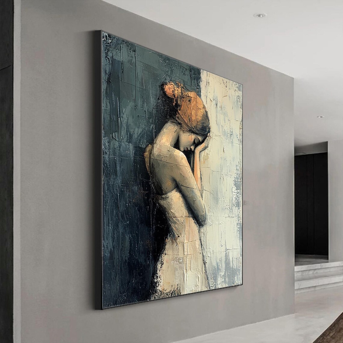 Pensive Blonde Woman Portrait Dark Teal Textured Oil Art Poster - Image 8