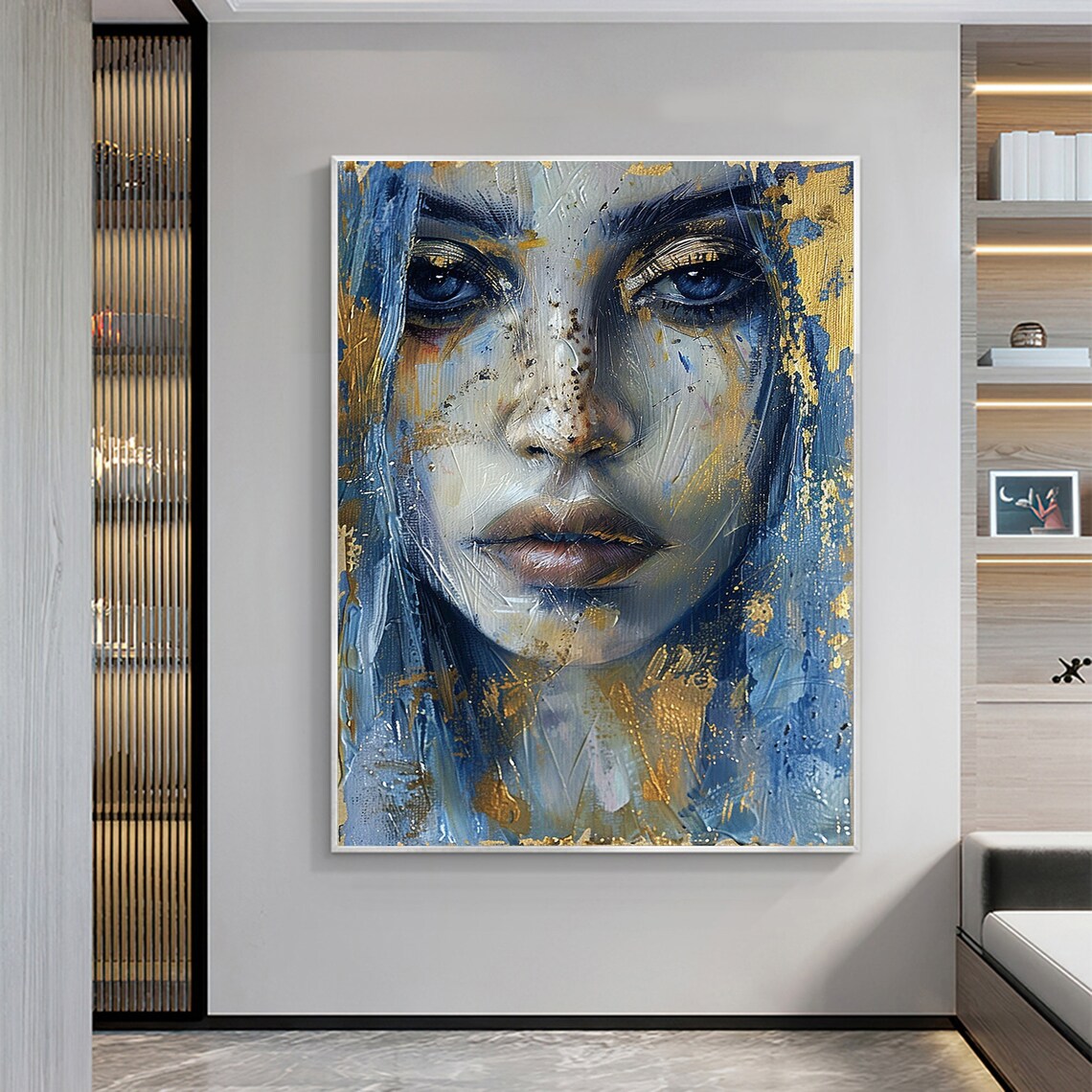 Blue Eyed Woman Face Gold Accents Textured Portrait Art Poster - Image 2