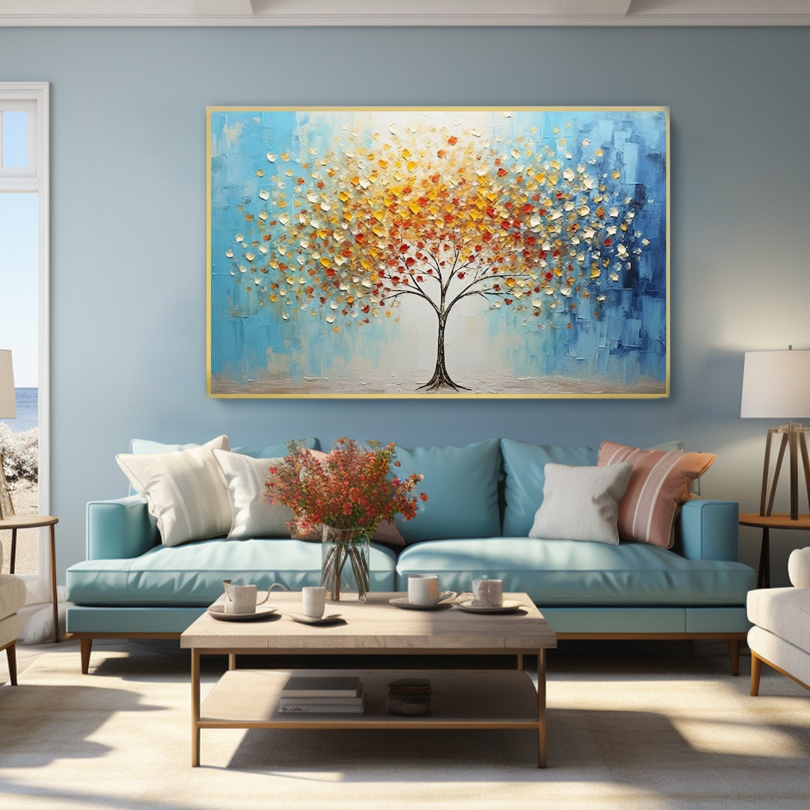Tree of Life Golden Leaves Blue Sky Textured Canvas Art Poster - Image 6
