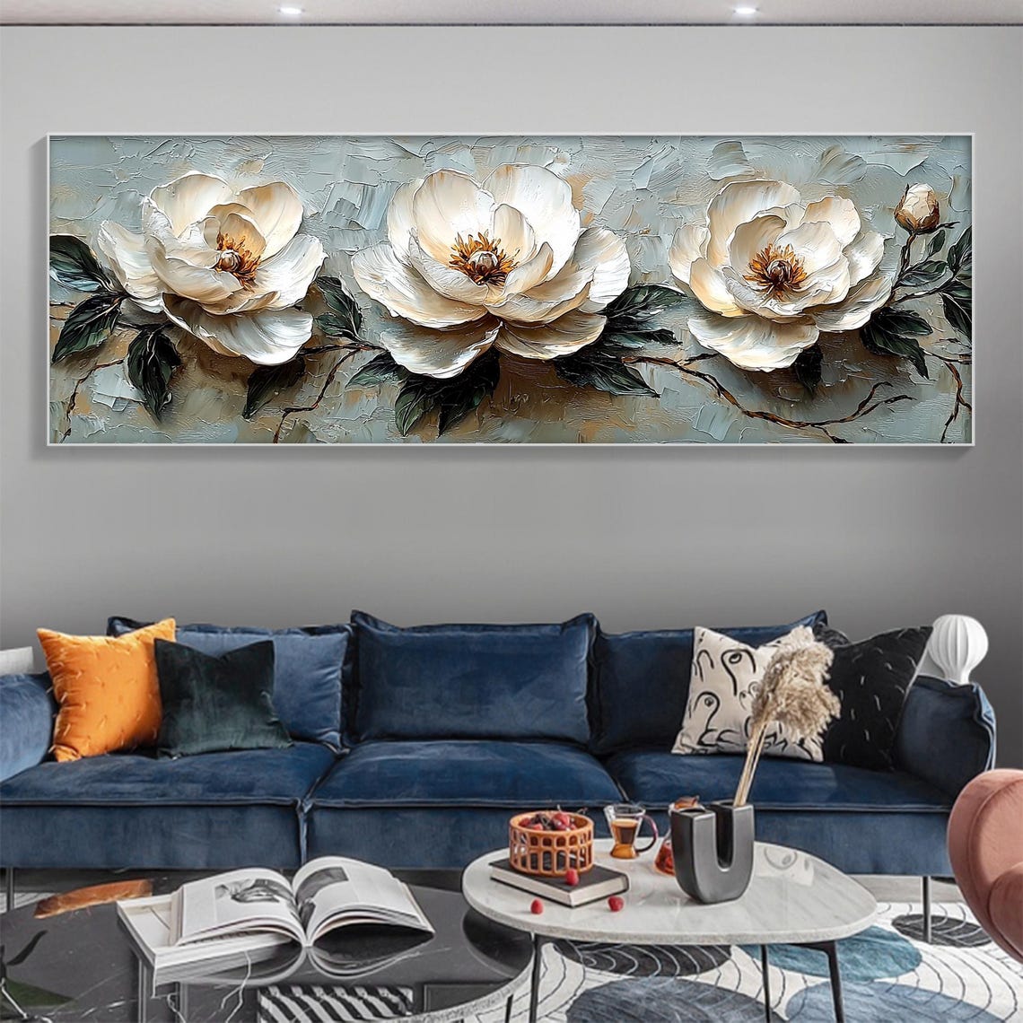 Three White Peonies Textured Horizontal Floral Oil Painting Poster