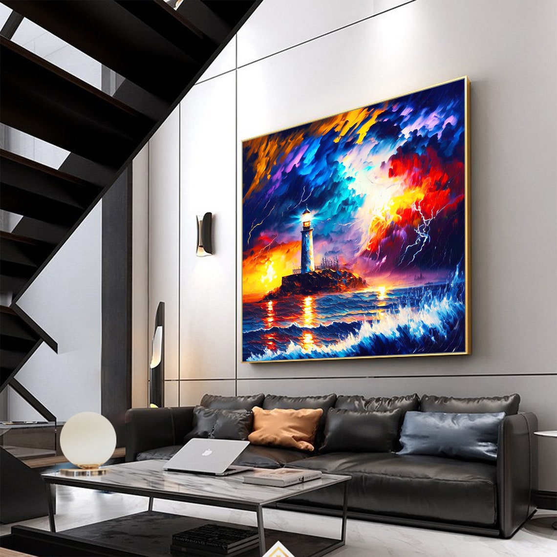 Lighthouse in a Neon Stormy Night Seascape Oil Painting Poster - Image 4