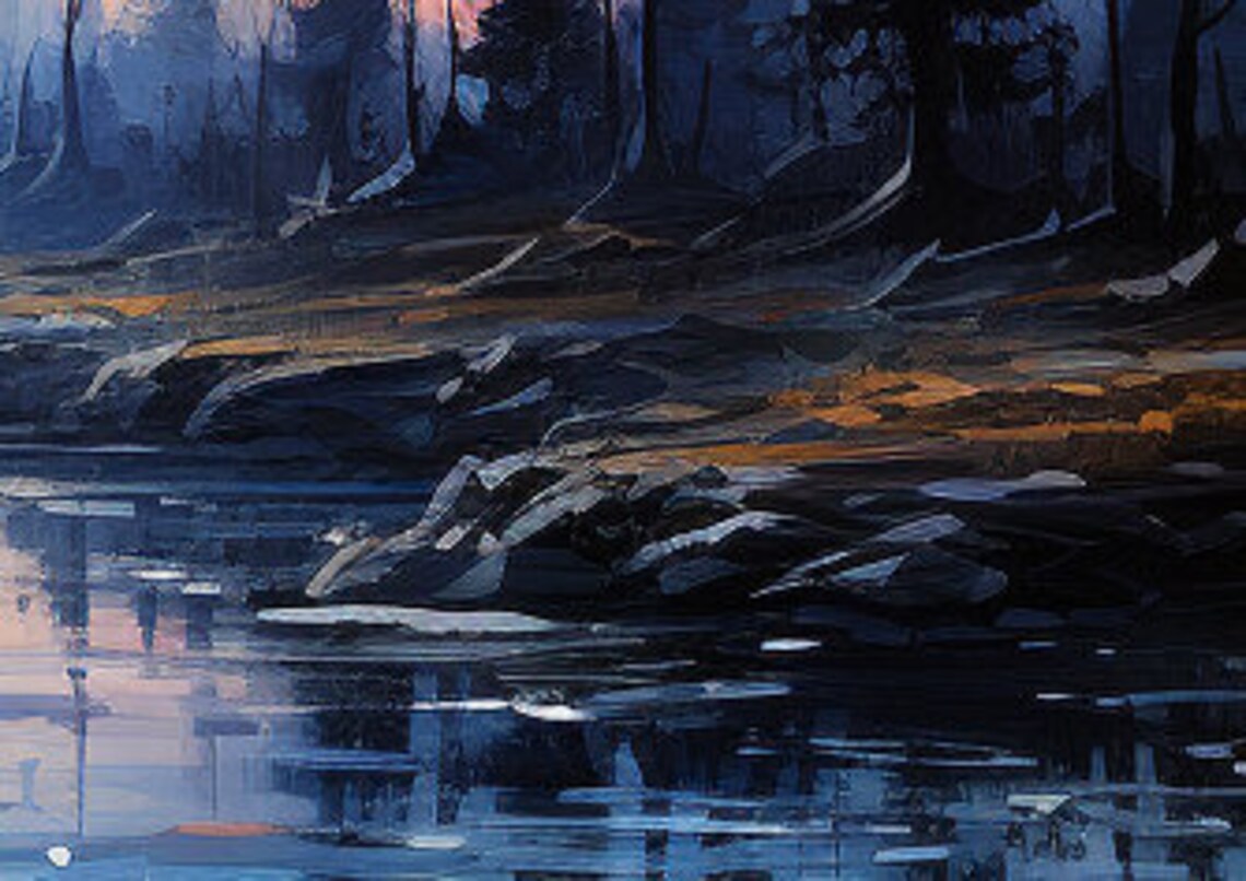 Full Moon Over a Pine Forest Lake Night Landscape Oil Painting Poster - Image 6