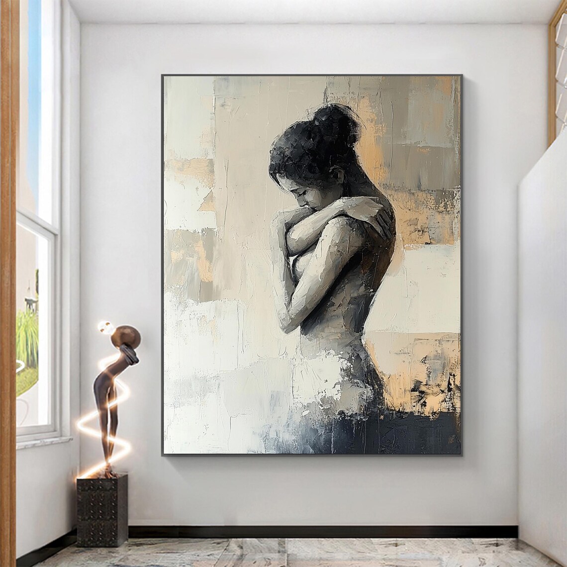 Embracing Woman Portrait Gray Beige Textured Abstract Art Poster - Image 2