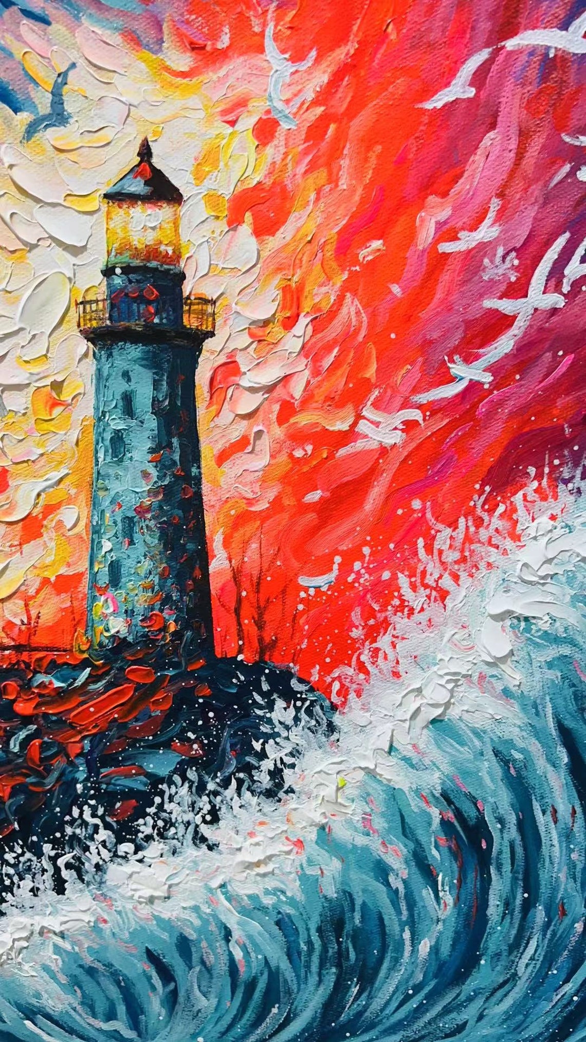 Original Lighthouse Oil Painting On Abstract Seascape Painting Large Wall Art Boho Decor Custom Painting Living Room Wall Decor - Image 5