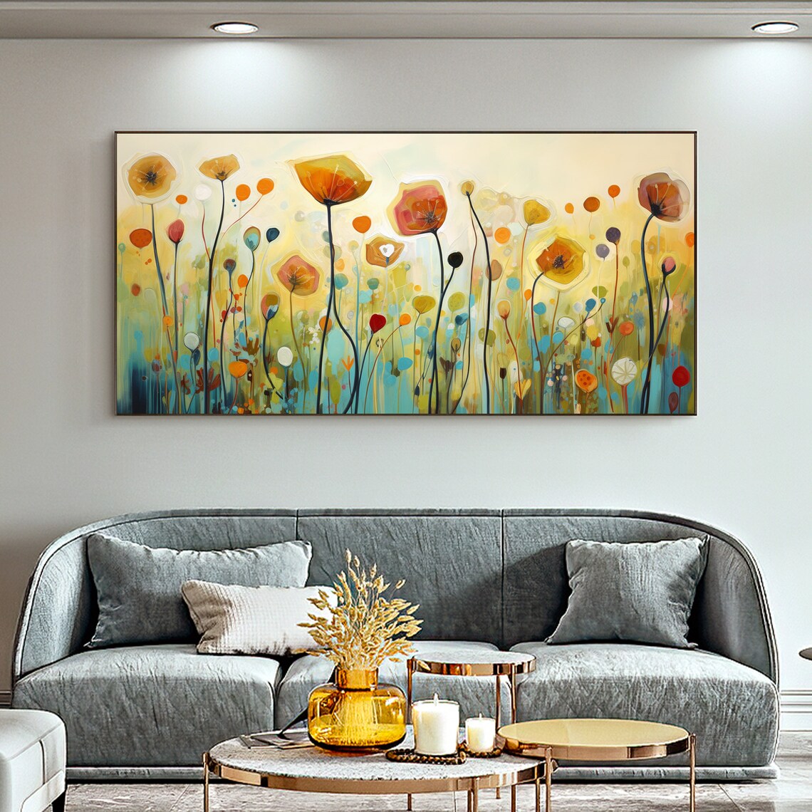 Orange Poppy Meadow Tall Stems Teal Green Floral Field Poster - Image 4