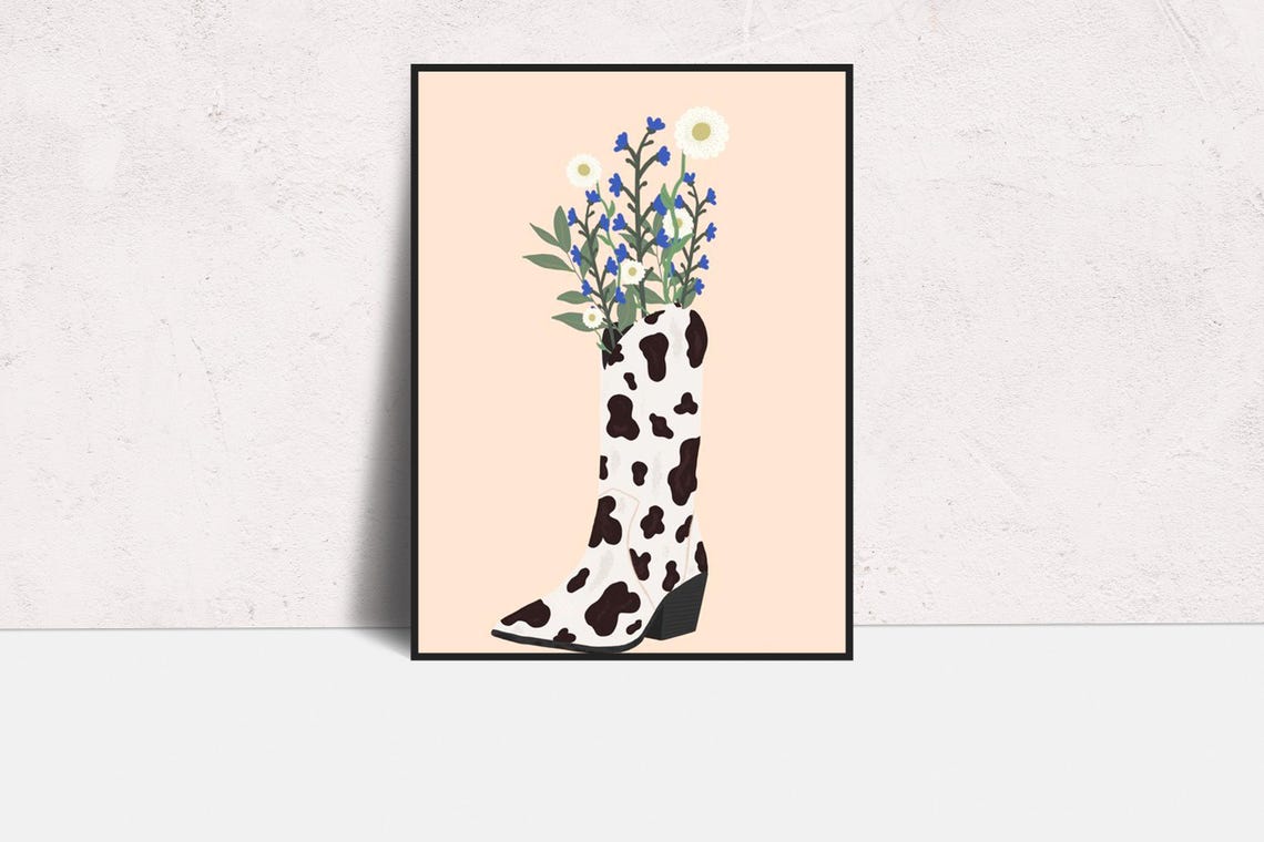 Cow Spotted Cowgirl Boot Filled with Wildflowers Cute Poster