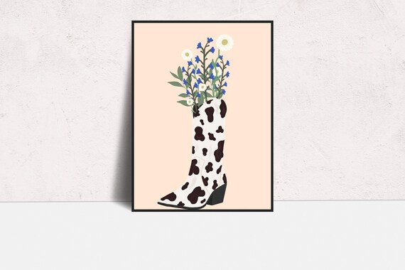 Cow Spotted Cowgirl Boot Filled with Wildflowers Cute Poster