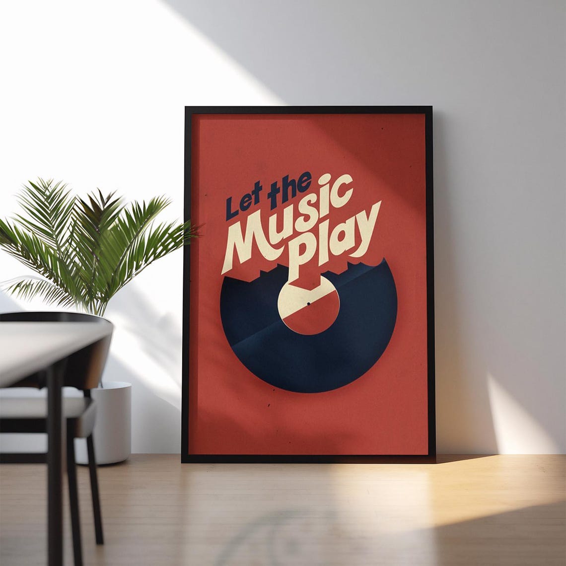 Let The Music Play Retro Vinyl Record Bold Red Typography Wall Art