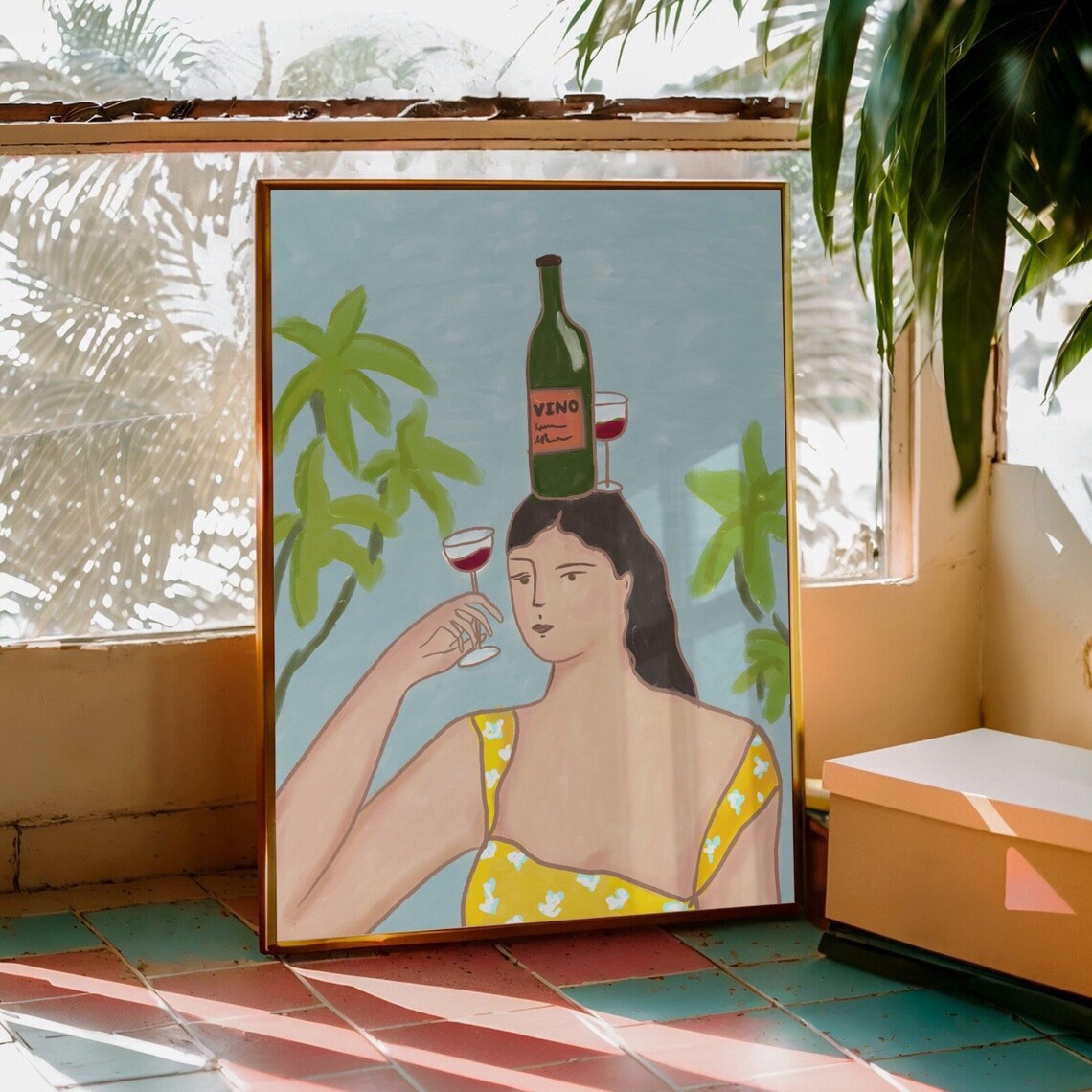Sunny Retro Vino Woman Wine Glass Palm Leaves Illustration Poster