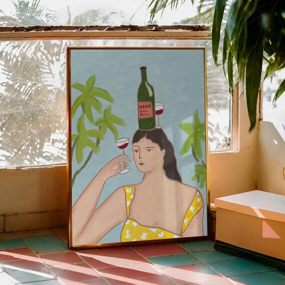 Sunny Retro Vino Woman Wine Glass Palm Leaves Illustration Poster