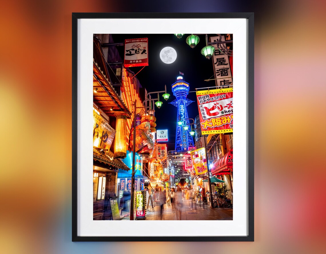 Osaka Neon Street Tsutenkaku Tower Under Full Moon Night Poster