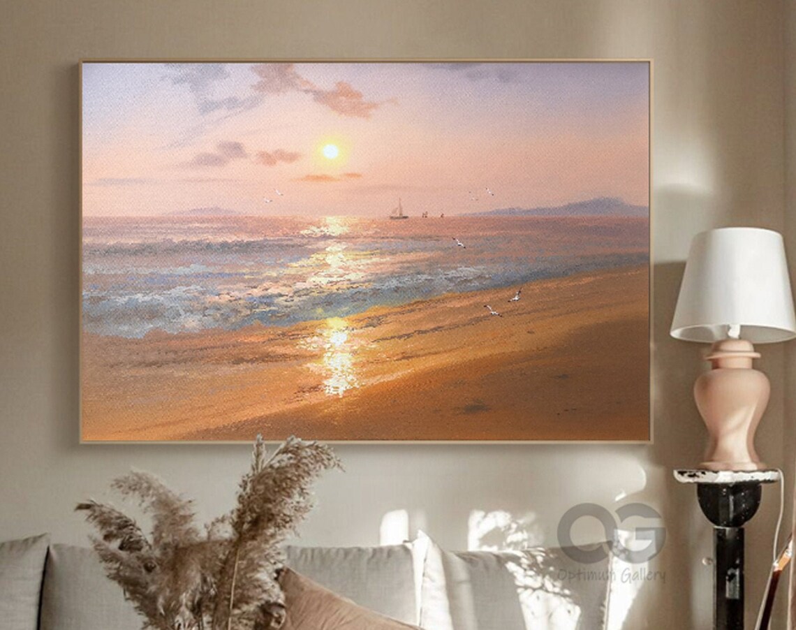 Golden Sunset Ocean Painting Sunlit Waves Beach Shore Seagull Wall Art Poster - Image 5