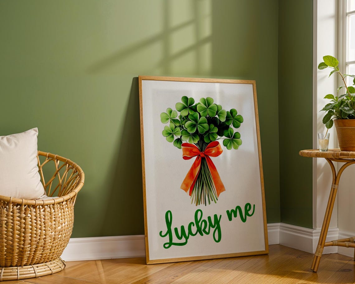 Lucky Me Shamrock Bouquet Red Bow St Patricks Day Wall Art Print - Image 4
