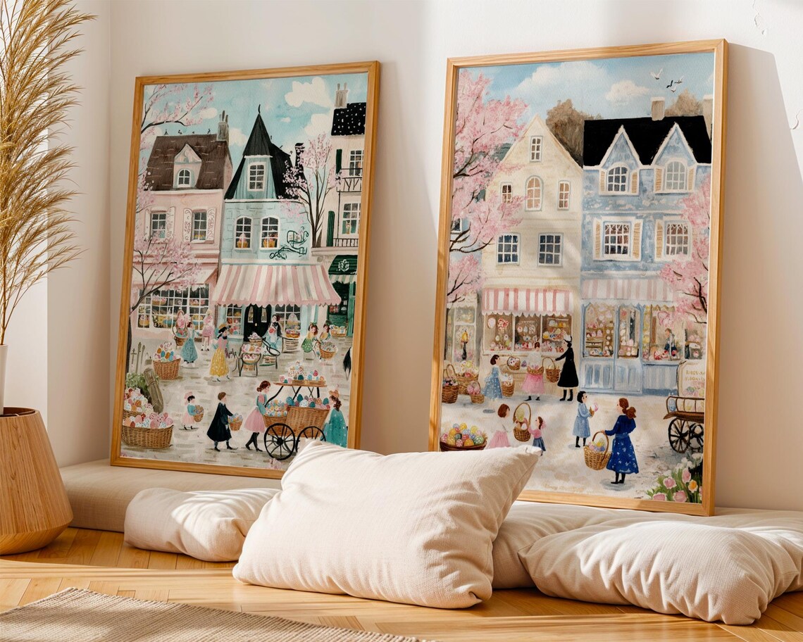 Whimsical Easter Town Art Print, Vintage Folk Style - Image 5