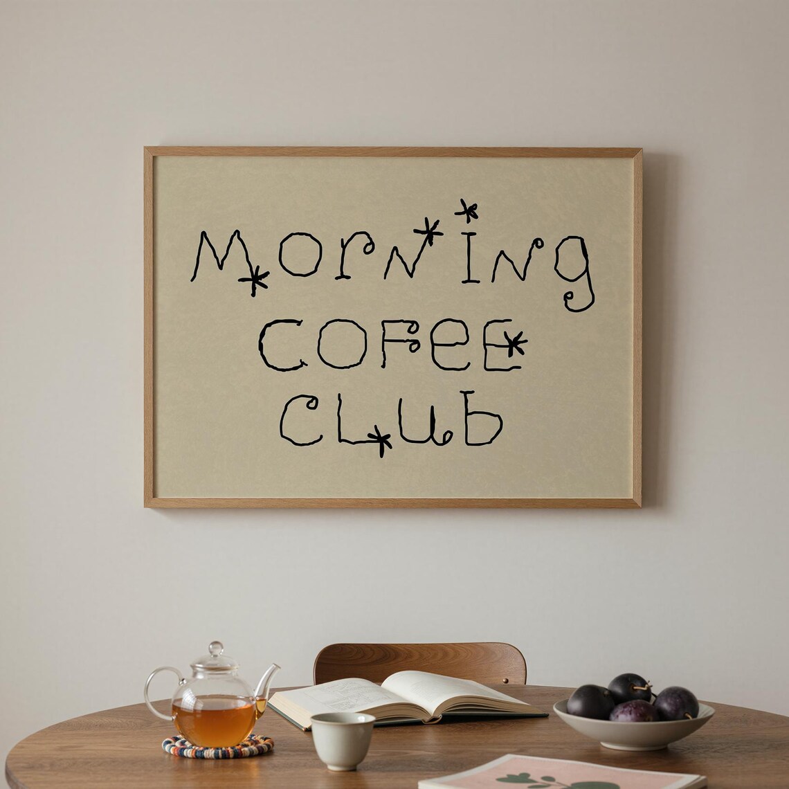 Morning Coffee Club Hand Lettered Typography Beige Minimalist Kitchen Wall Art