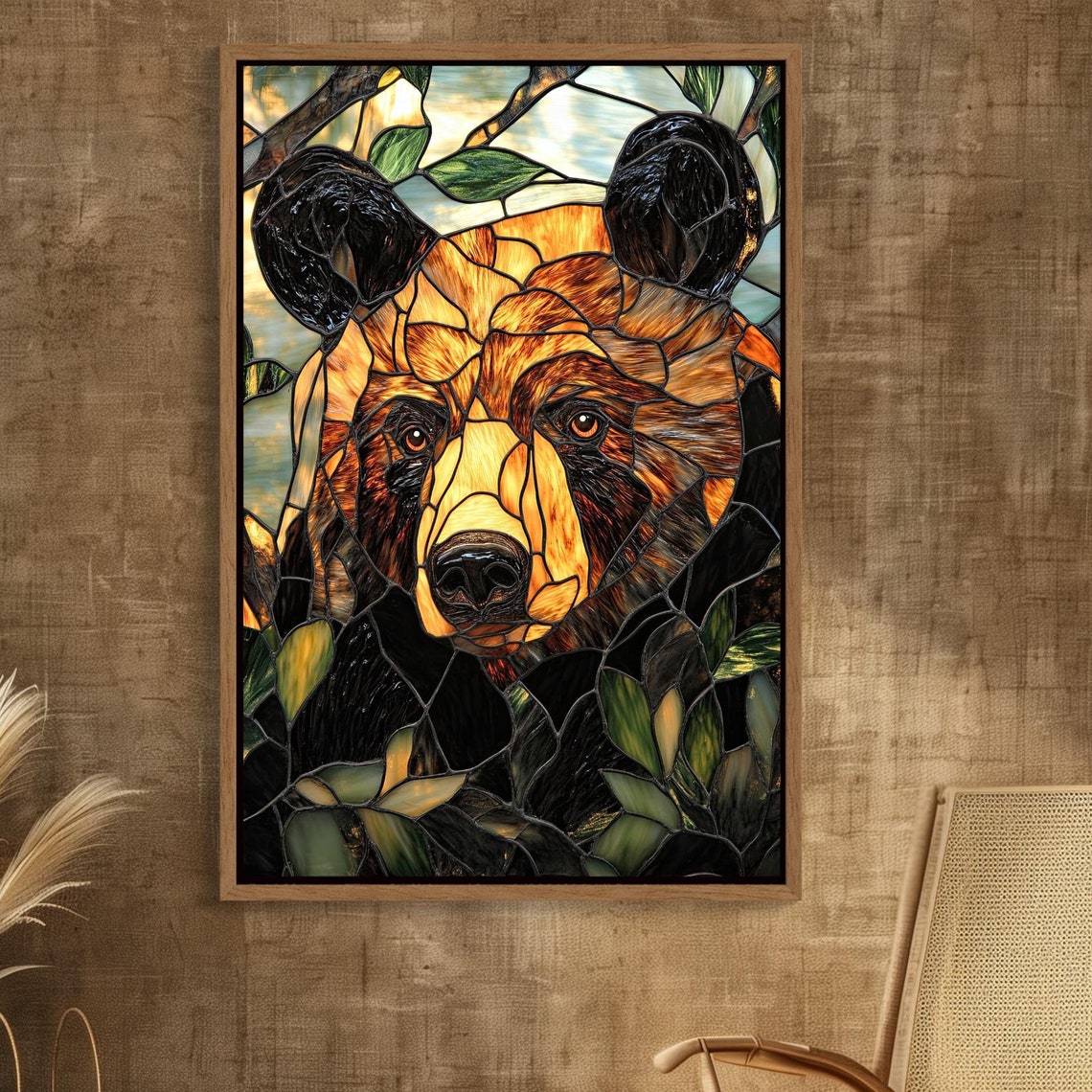 Stained Glass Brown Bear Wildlife Portrait Rustic Nature Poster