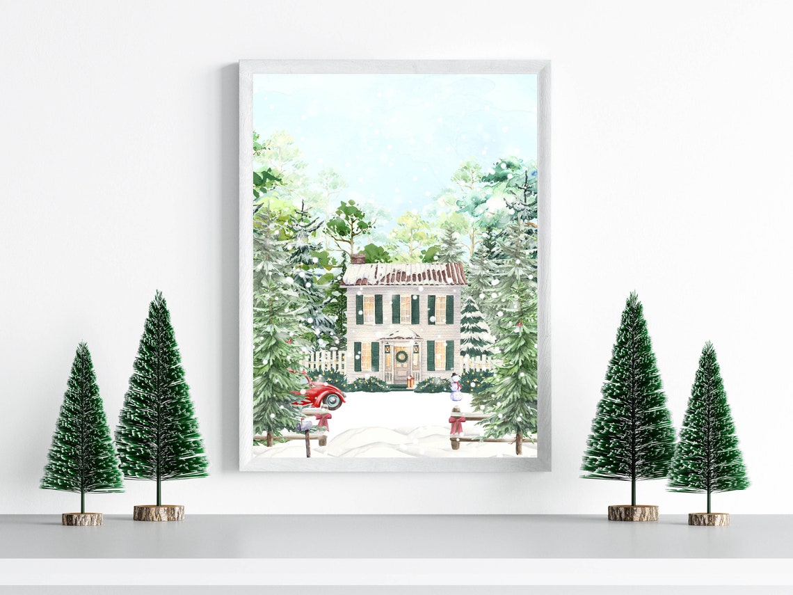 Christmas Home Country Woodland House 5x7 8x10 11x14 16x20 Watercolor Winter Wall Art Print Diy Holiday Decor Winter Home Sign - Image 3