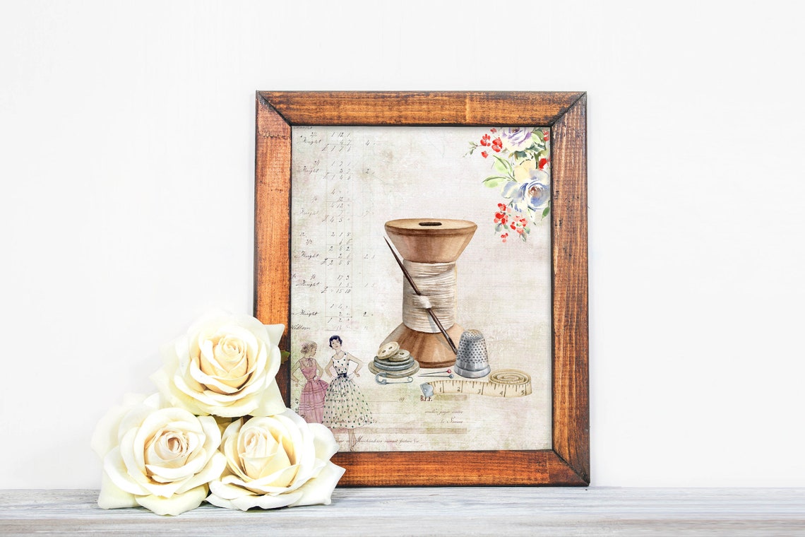 Vintage Sewing Collage Spool Thimble Craft Room Retro Poster - Image 3