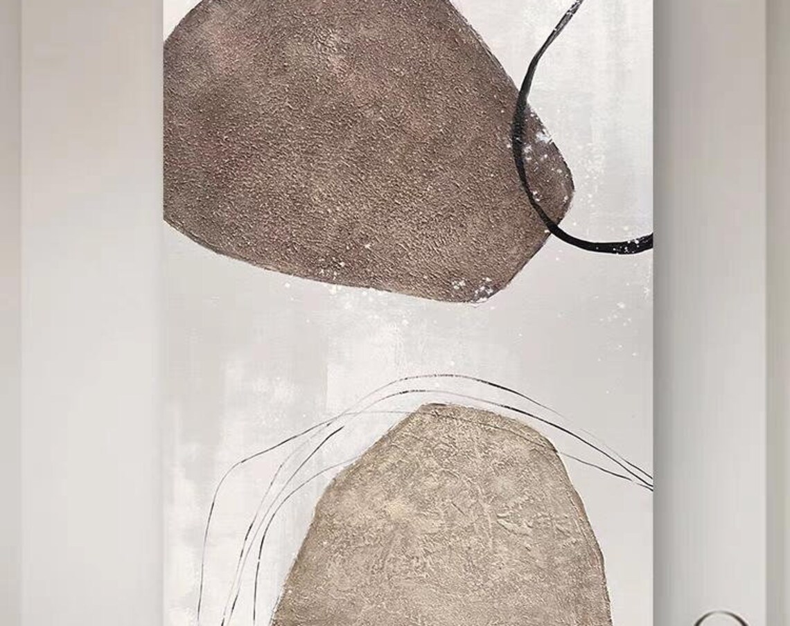 Brown Beige Stone Shapes Black Curved Lines Vertical Textured Wall Art