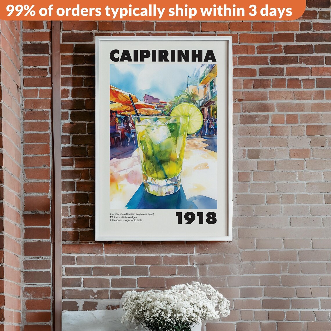 Vintage Caipirinha Cocktail Recipe, Bar Kitchen Art - Image 2