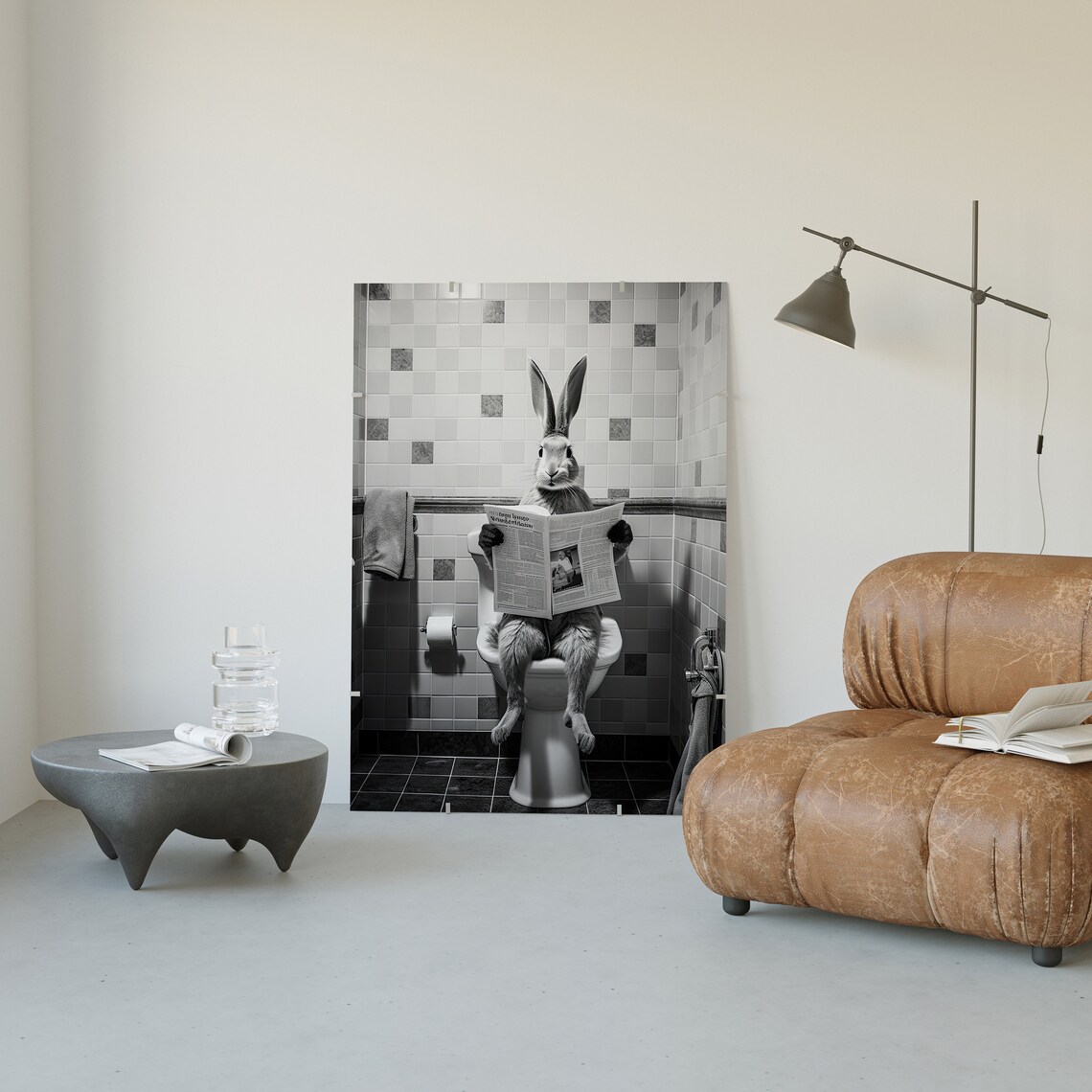 Rabbit On A Toilet Reading Newspaper, Humorous Animal - Image 2