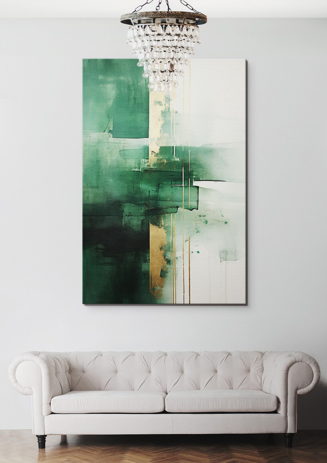Green White Gold Stripe Abstract, Living Room Decor