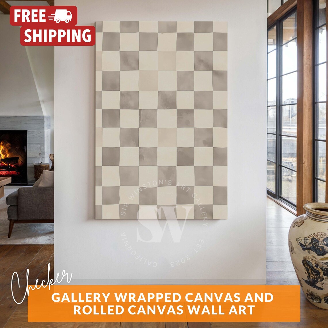 Checkered Abstract Geometric Art Print, Minimalist