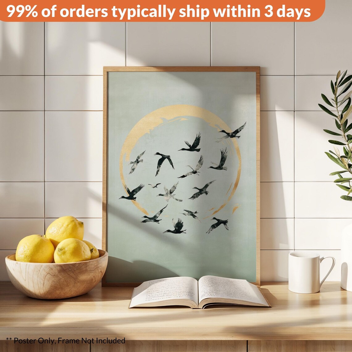 Sakai Hoitsu Green Gold Bird, Japanese Home Decor