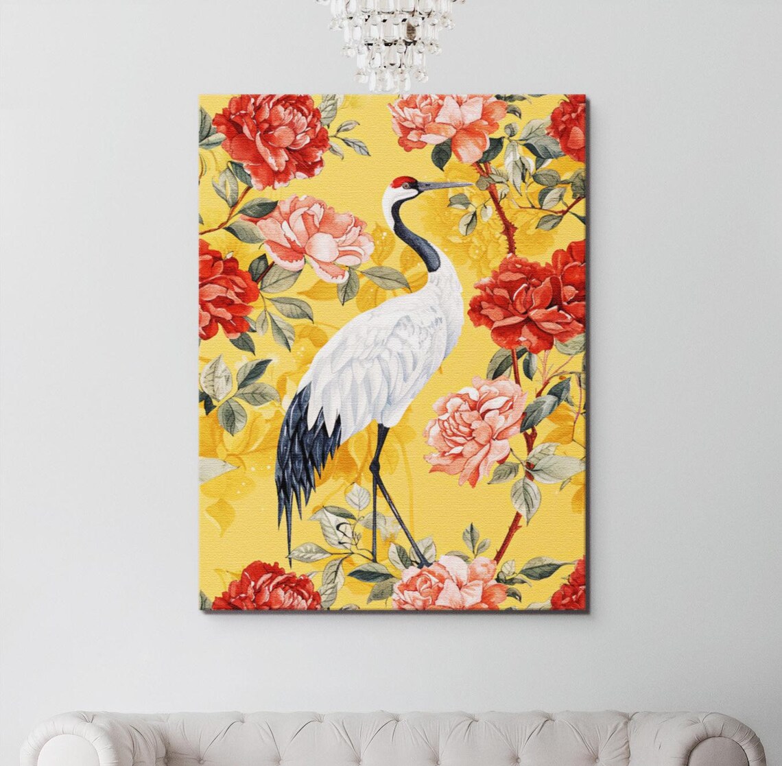 Japanese Crane Yellow Print, Bird Flowers Art Print