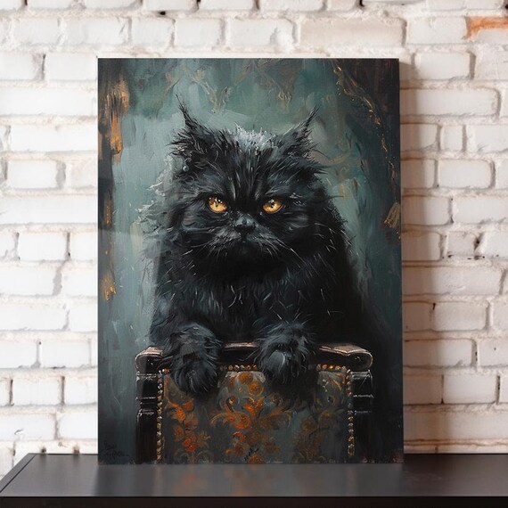 Grouchy Black Cat With Yellow Eyes On Ornate Chair Dark Academia Poster