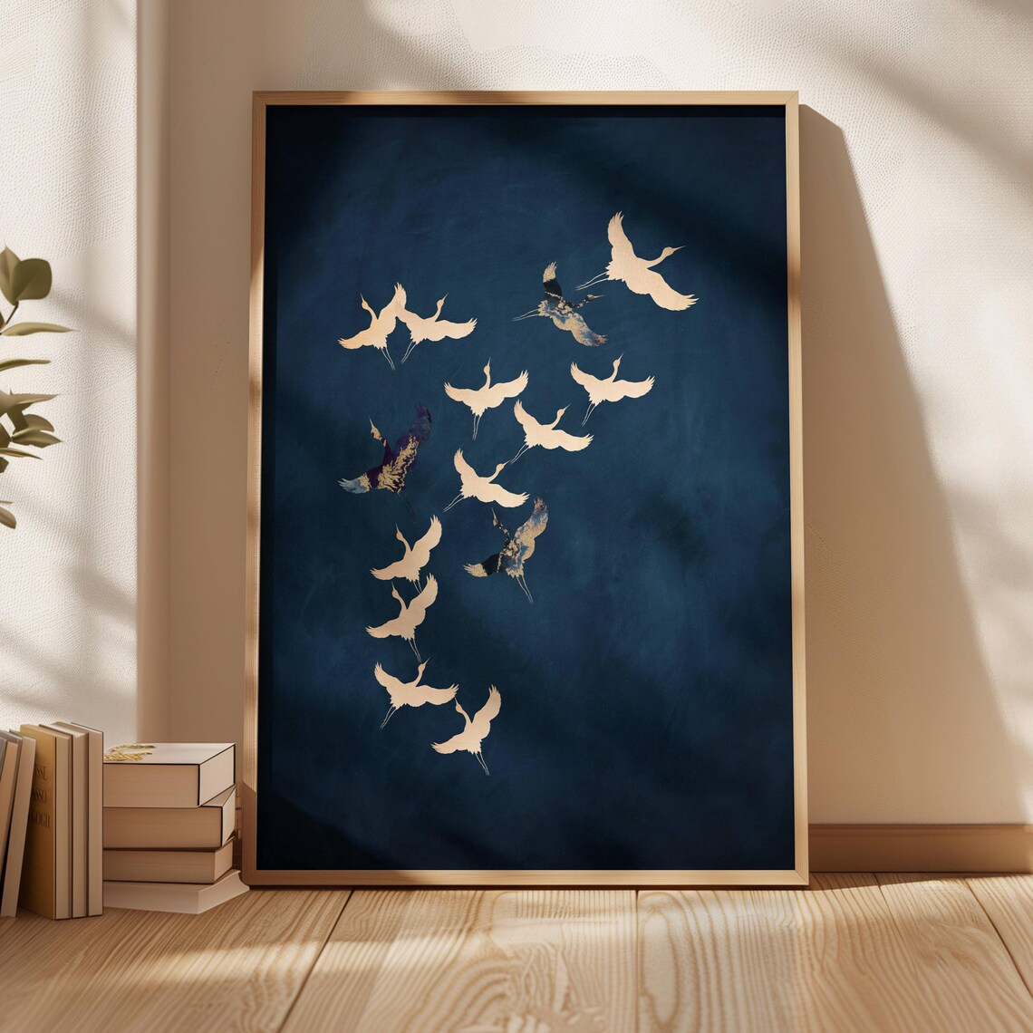 Flying Cranes Japanese Print, Sapphire Blue Maximalist