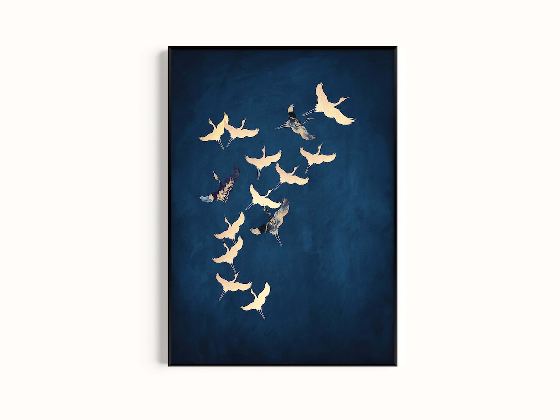 Flying Cranes Japanese Print, Sapphire Blue Maximalist - Image 2