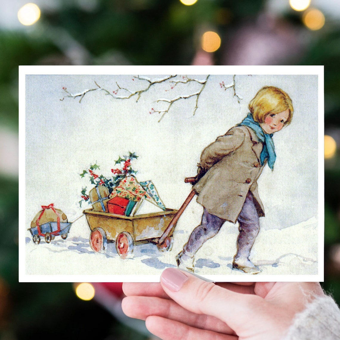 Vintage Christmas Card Art Boy Pulling Gift Wagon Snowy Night Poster