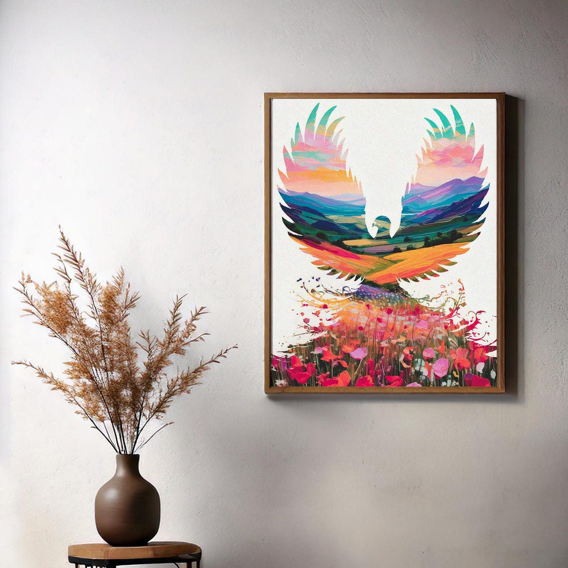 Colorful Phoenix Rising from Flowers Double Exposure Art Poster - Image 2