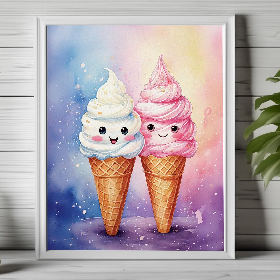 Cute Kawaii Ice Cream Cones with Faces Watercolor Kids Room Poster - Image 3
