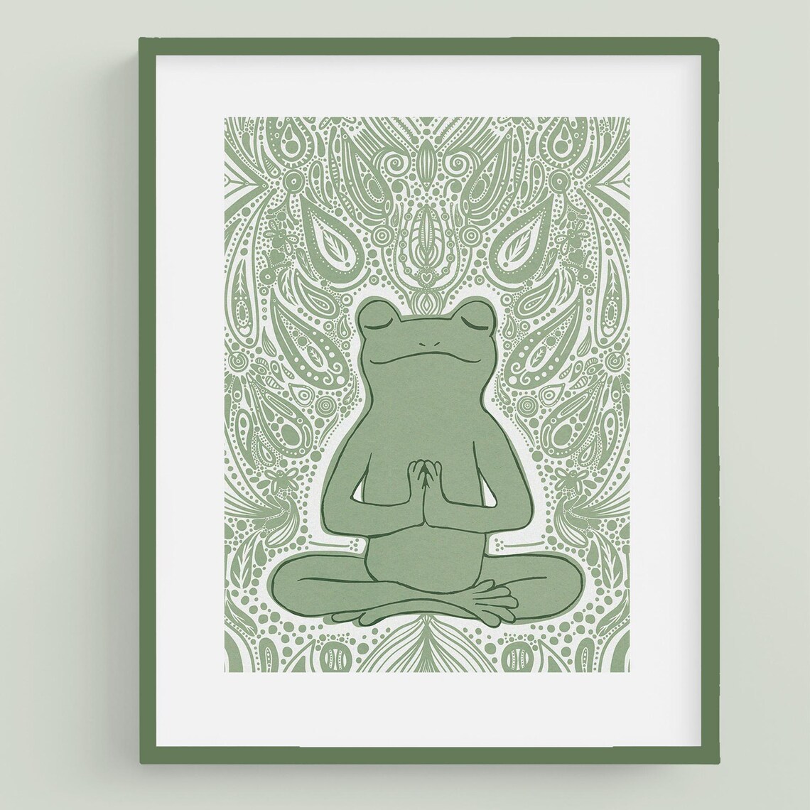 Peaceful Meditating Frog Sage Green Boho Paisley Zen Art Poster - Image 2
