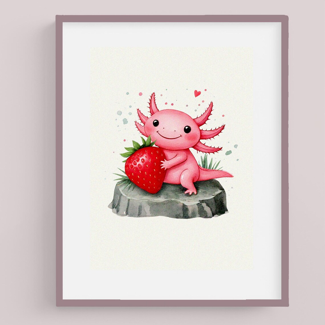 Cute Pink Axolotl Holding Strawberry Watercolor Kawaii Art Poster - Image 3