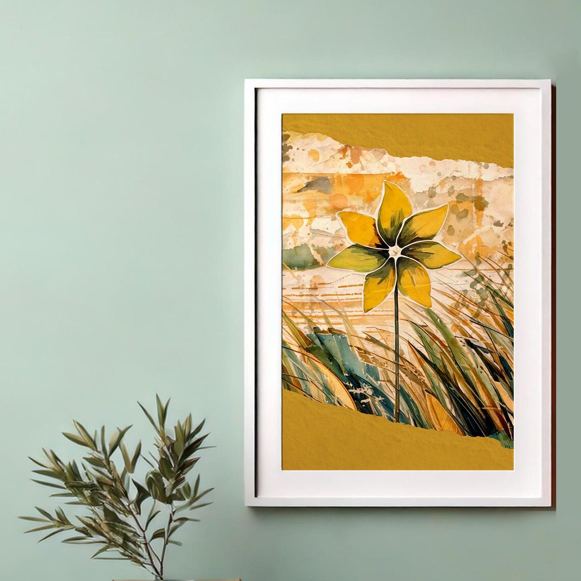 Yellow Flower Mixed Media Collage Watercolor Botanical Art Poster - Image 2