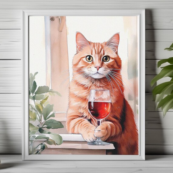 Funny Wine Cat Poster, Feline Humor Decor
