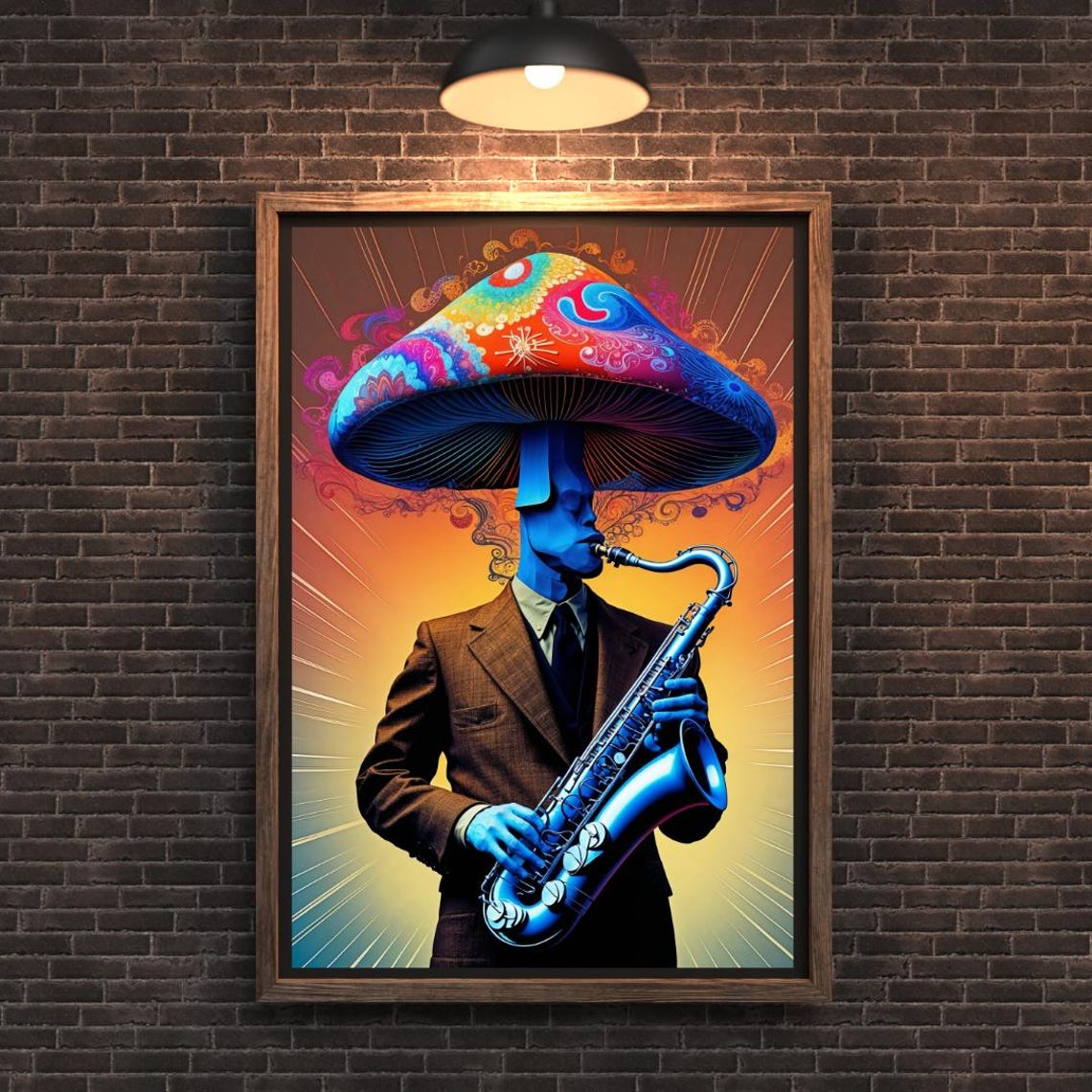 Mushroom Headed Jazz Saxophonist Psychedelic Surreal Art Print Decor