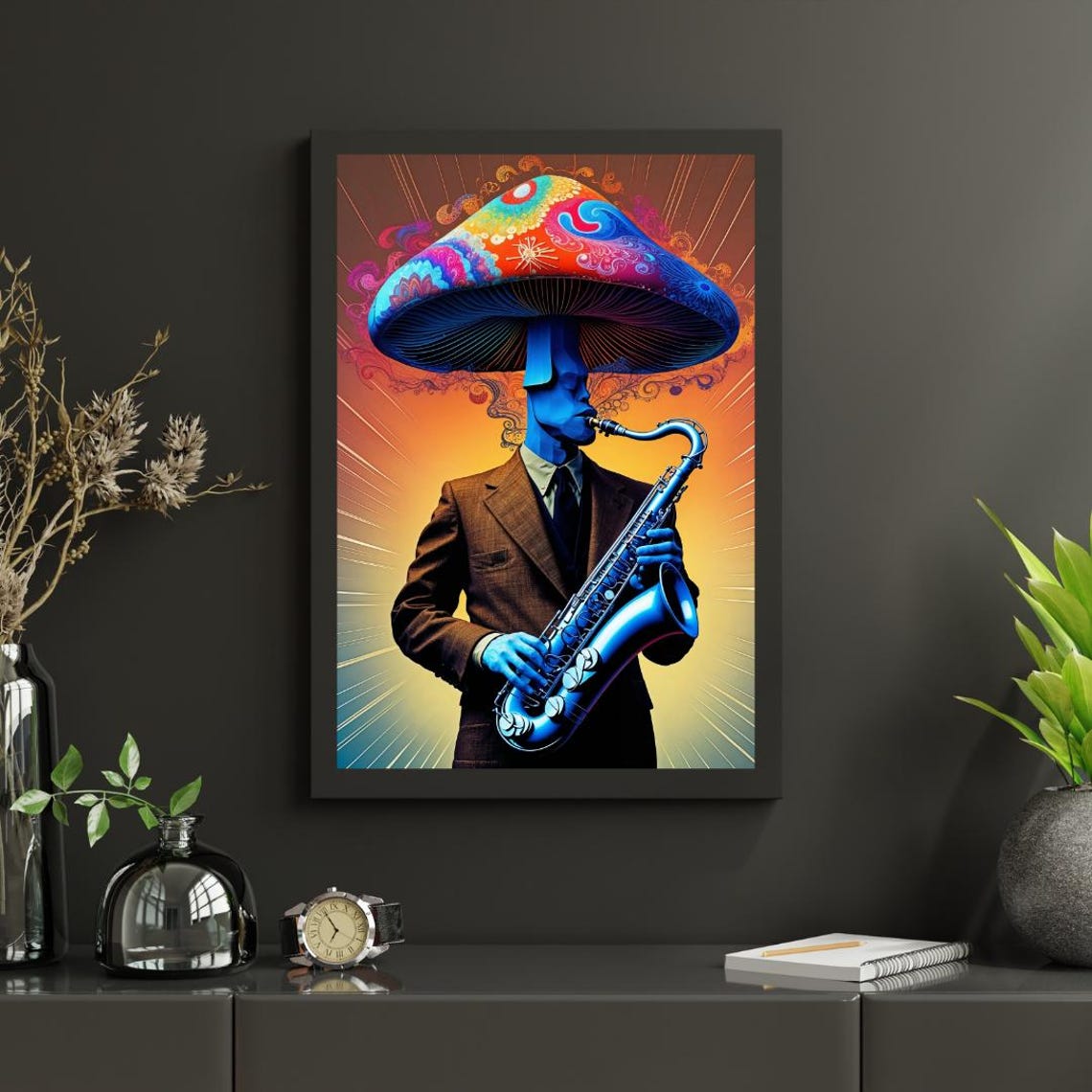 Mushroom Headed Jazz Saxophonist Psychedelic Surreal Art Print Decor - Image 2