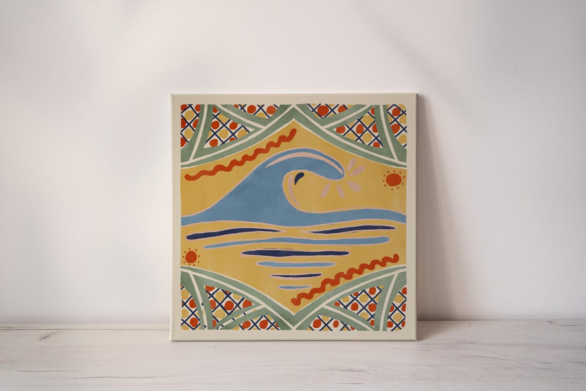 Blue Curling Wave Talavera Tile Sun Motif Coastal Surf Poster Art - Image 2